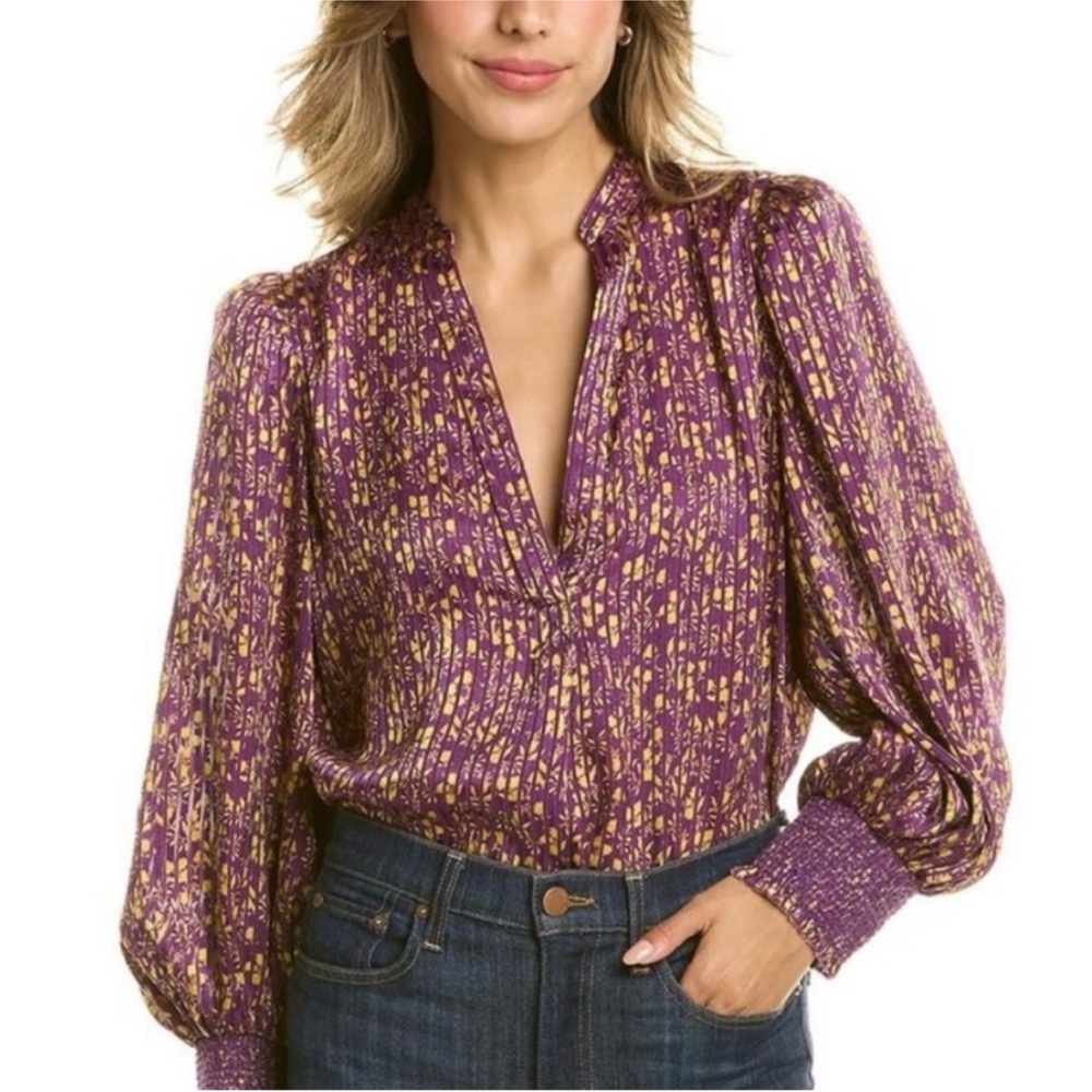 alice + olivia - sheila blouse v-neck pleated long sleeve top floral printed